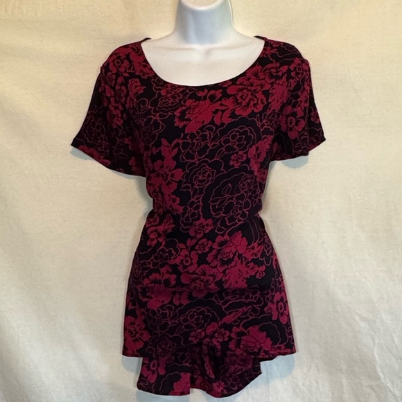 F-183 Gap Pink &‎ Black Floral Hi Lo Short Sleeve Pullover Blouse Size L - Picture 1 of 14
